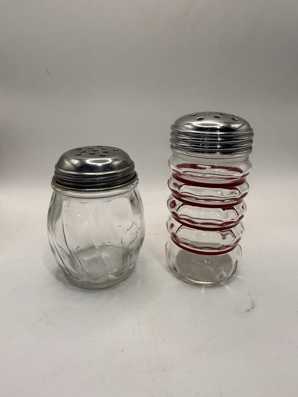 Vintage MEDCO N.Y.C. Glass Sugar Spice Shakers Chrome Tops USA Set of 2 *